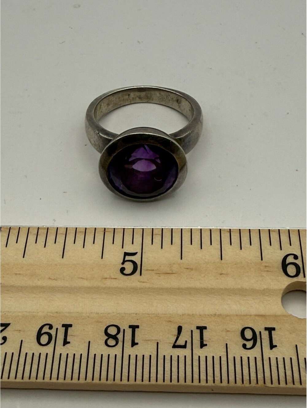 925 Sterling Silver Large Oval Amethyst Ring Size 8 Bezel Set Modern Estate